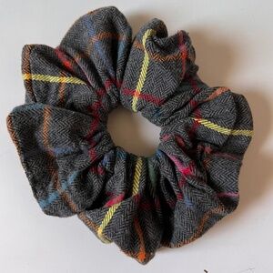 Oversized Handmade Plaid Scrunchie Gray Herringbone Hair Accessory